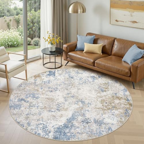 Nakagishi 6X6 Abstract Washable Area Rugs for Living Room-Blue Brown | Modern Non-Slip Silicone Backing Low Pile Soft Carpet for Bedroom Dining Decor Ideal for Families with Kids and Pets - color: Blue Brown, size: 6' x 6' (Round)
