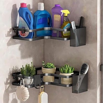 Corner Shower Caddy, Black Stainless Steel, No-Drill Wall Mount Storage Rack, 2 Pack, Wave Design, 9.8 Inch, Rust Resistant, Bathroom Organizer with Hooks