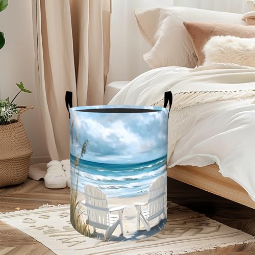 Coastal Laundry Basket, Oxford Cloth Nature Peaceful Dirty Clothes Collapsible Hamper for Room Decor, Ocean Beach and Chair Print Gifts Toy Organizer 19.7 * 15.7 Inch for Bedroom Bathroom Dorm - style: Coastal