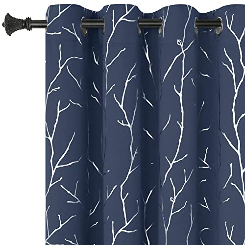 BUHUA Blackout Curtains 2 Panels Set Small Window Grommet Top Window Drapes Room Darkning Short Curtains Shinny Tree Branches Print Pattern 52W x 45L, Navy Blue - color: Navy Blue, size: 52"W x 45"L (Pack of 2)