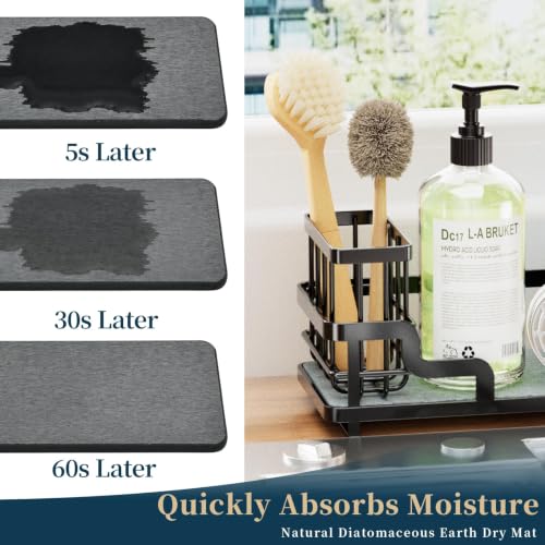 Consumest Sponge Holder for Kitchen Sink - Sink Caddy Organizer with Water Absorbing Stone Tray, Detachable Brush Holder, Stainless Steel Kitchen Counter Organizer Rack, Black - color: Black