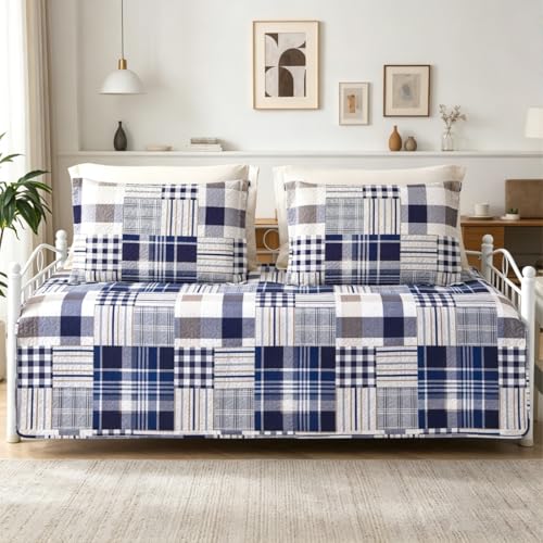 Jarson 3 Pcs Plaid Daybed Cover Set Twin Size Navy White Brown Sofa Cover Double Side Bed Set Classic Patchwork Bedding Sets Daybed Quilt Set with Pillow Shams - color: Navy White Brown