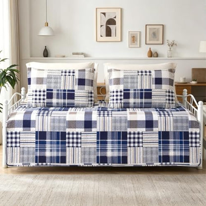 Jarson 3 Pcs Plaid Daybed Cover Set Twin Size Navy White Brown Sofa Cover Double Side Bed Set Classic Patchwork Bedding Sets Daybed Quilt Set with Pillow Shams - color: Navy White Brown