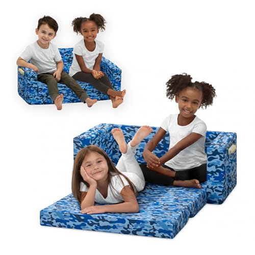Delta Children Cozee 2-in-1 Sofa, 2-Seater Convertible Toddler Couch Sleeper, Wide 2-in-1 Flip Open Foam Chair for Playroom, Pet-Friendly, Bed Lounger, Comfy Play Sleeping Lounge Chair, Blue Camo - color: Blue Camo