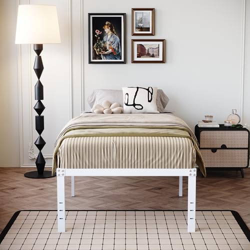 DiaOutro 18 Inch White Twin Bed Frame Heavy Duty Metal Platform | Steel Slats Platform No Box Spring Needed Mattress Foundation, Easy Assembly, Noise Free - size: Twin, style: 18 Inch (White)