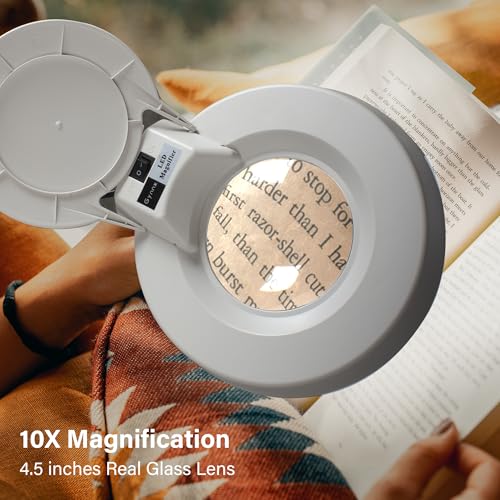 10X Magnifying Glass with Light and Stand,2-in-1 Lighted Desk Lamp LED Magnifier Hands Free,5 Inches Glass Lens with Stainless Steel Bracket for Reading Craft Painting Hobbies Sewing Close Work - style: Transitional
