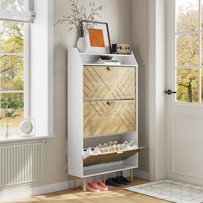 Garvee Shoe Cabinet with 3 Flip Drawers, Hidden Shoe Storage Cabinet with Shelf, Slim Wood Shoe Organizer for Hallway and Entryway, White
