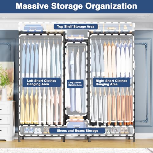 E12C Heavy Duty Closet Organizer System，Freestanding Clothing Rack, Adjustable Garment Rack 57.1" W x 16" D x 76.5" H Holds 860 lbs, Black Clothing Rack with Black Dustproof Cover - color: Black Rack With Black Cover, size: E12C