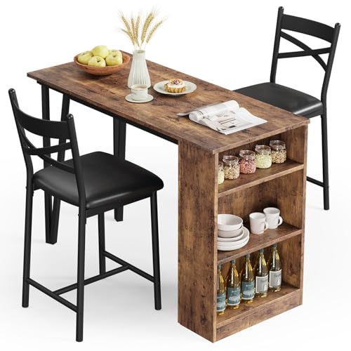 IDEALHOUSE Dining Table Set for 2, Expandable Kitchen Bar Table and Chairs for 2, 3 Piece Counter Height Top Dining Table Set with Upholstered Chairs Storage for Small Space, Rustic Brown - color: Rustic Brown