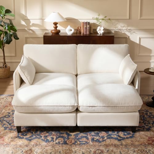 Ihanherry 72" Loveseat Sofa, Cloud Couch with Oversized Large Cushions & Movable Ottoman, Chenille Deep Seat Couch for Living Room, Beige - color: Beige Cream, size: 72'' Loveseat