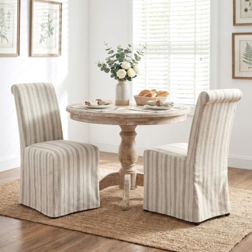 chairus Slipcovered Parsons Dining Chairs Set of 2, Upholstered Dining Room Chairs with Removable Linen Cover & High Back, Modern Farmhouse Wooden Side Kitchen Chairs, Khaki Stripe - color: Khaki Stripe Linen, size: 2 Chairs