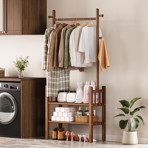 Yoobure Solid Wood Clothing Rack with Shelves - Coat Rack Freestanding with 6 Hooks, 3-in-1 Hall Tree for Hanging Clothes, Tall Garment Racks with Storage for Bedroom, Entryway, Living Room, Closet - color: Walnut