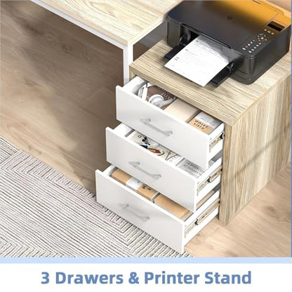 MaverickFurni 67" Home Office Desk with 3 Drawers and LED Lights, Walnut | Reversible Computer Desk with Monitor Stand and Printer Shelf, Office Desk with Spacious Work Space, White and Walnut - color: White and Walnut
