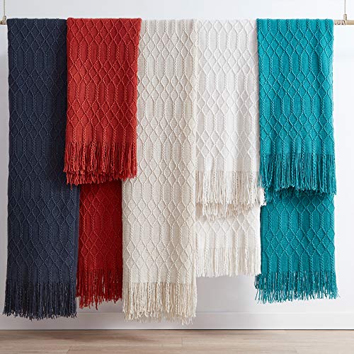 KASYLAN Acrylic Knitted Throw Blanket for Sofa Bed 50x60 Inch Off White | Ultra soft acrylic knit, lightweight warm, multi-scene for sofa couch bed, machine washable, breathable textured throw - color: Rhombu-off White