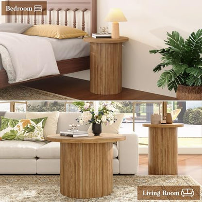 Nesting Coffee Table Set of 2, Mid Century Modern Round Coffee Tables, Wood Slat Side Table Set for Living Room, Office, Balcony (Natural Oak) - color: Natural Oak