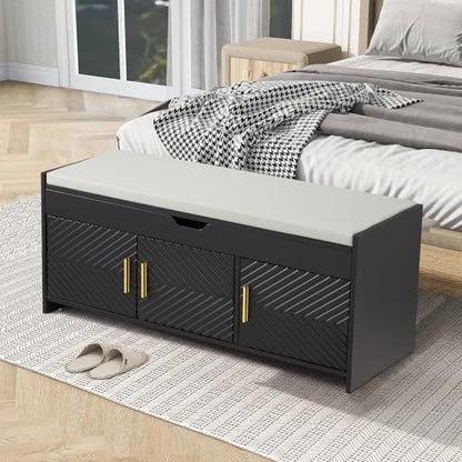 Shoe Bench, Storage Bench with Lift Top Storage, Entryway Bench with Cushioned Seat, Adjustable Shelf for Living Room, Bedroom, Hallway, Black - color: Black
