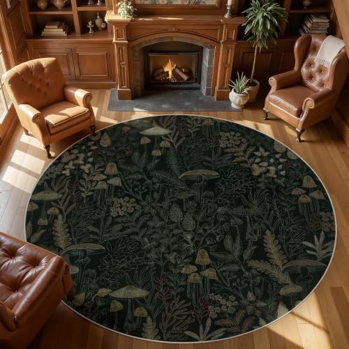 Joydeco Washable Round Area Rug 6ft, Mushroom Boho Black Circle Rug Carpet | Floral Soft Botanical Low-Pile Thin Stain Resistant Non Slip Indoor Throw for Bedroom Living Dining Room Office Home Decor - color: Black-brown, size: Round 6'