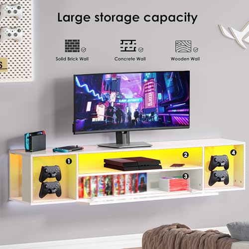 sogesfurniture 55'' Floating TV Stand Wall Mounted with Lights, Floating Entertainment Center with Lights, Modern Media Console with Storage, Wall Mounted LED TV Stand for Living Room - size: 55''-White