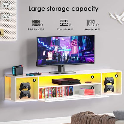 sogesfurniture 55'' Floating TV Stand Wall Mounted with Lights, Floating Entertainment Center with Lights, Modern Media Console with Storage, Wall Mounted LED TV Stand for Living Room - size: 55''-White