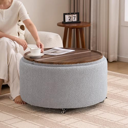 29.5" Round Storage Ottoman Coffee Table, Dual Reversible Lids, Grey | Round Ottoman Coffee Table, Swivel Casters, Hidden Storage, Dual Lift-Off Lids, Teddy Fabric, Living Room, Bedroom - color: Grey