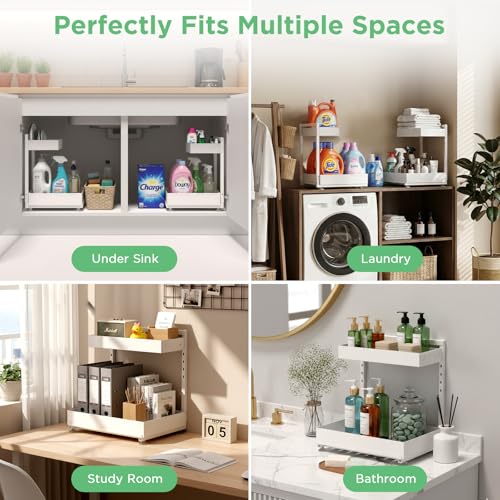 Under Sink Organizer Bathroom Kitchen: 2 Pack 2 Tier Metal Under Cabinet Storage with Height-adjustable Shelf and Pull out Rack for Pantry Vanity Cupboard Counter Countertop, White