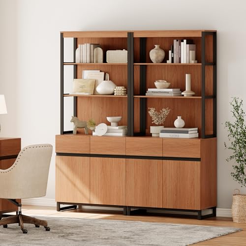 WAMPAT 2 PCS Modern 72" Tall Bookshelf with Metal Base and Adjustable Shelves, Library Bookcase with Storage Cabinet and Open Book Shelfs, Wood Bookshelves for Home Office, Living Room, Mocha - color: Mocha-a, size: 2 PCS