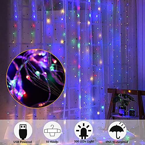 HOME LIGHTING Window Curtain String Lights, 300 LED 8 Lighting Modes Fairy Copper Light with Remote, USB Powered Waterproof for Christmas Bedroom Party Wedding Home Garden Wall Decorations, Multicolor - color: Multicolor