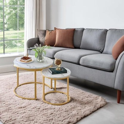 aboxoo Coffee Table Nesting White Set of 2 Side Set Golden Frame Circular Round and Marble Pattern Wooden Tables, Living Room Bedroom Apartment Modern Industrial Simple Nightstand - color: Gold White