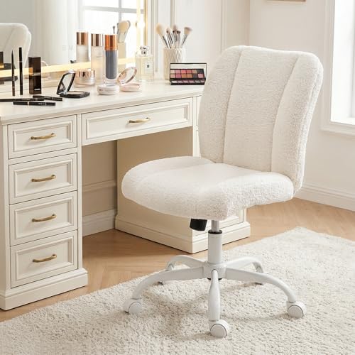 Vanity Chair with Wheels, Armless Office Chair Height Adjustable, Cute Desk Chair with Soft Lumbar Support for Small Space, Bedroom, Make-up Room, White - color: White