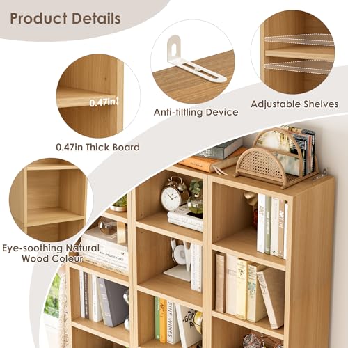 FOTOSOK 2 Pcs 71'' Tall Narrow Bookshelf, 8-Tier Media Tower Rack Set of 2 | CD DVD Storage Cabinet with Adjustable Shelves, Tall Narrow Bookcase Skinny Display Bookshelf Slim Shelf, Natural - color: Natural