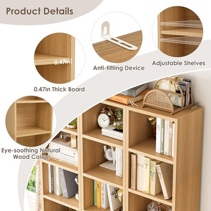 FOTOSOK 2 Pcs 71'' Tall Narrow Bookshelf, 8-Tier Media Tower Rack Set of 2 | CD DVD Storage Cabinet with Adjustable Shelves, Tall Narrow Bookcase Skinny Display Bookshelf Slim Shelf, Natural - color: Natural