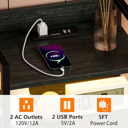Nightstand with Charging Station,LED,5 Drawers Dresser for Bedroom | Tall Bedside Table,Dorm Night stand with LED Light & Remote Control, Metal Frame and Fabric Bins,Wood Desk Top,Easy Assemble - color: Black Oak, style: 5 Drawer