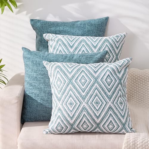 HPUK Throw Pillow Covers 18x18, Set of 4, Blue Textured Couch Pillow Covers | Polyester fabric, patterned and solid designs, hidden zippers, machine washable, for sofas and beds, inserts not included - color: Blue, size: 18" x 18" (Pack of 4)