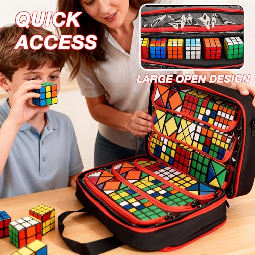 Speed Cube Case Holds 30+ Cubes and Timer with Shoulder Strap | Puzzle Cube Storage Bag with 6 Clear PVC Pockets, Front Organizer, D-Ring, Handles and Detachable Shoulder Strap, Black