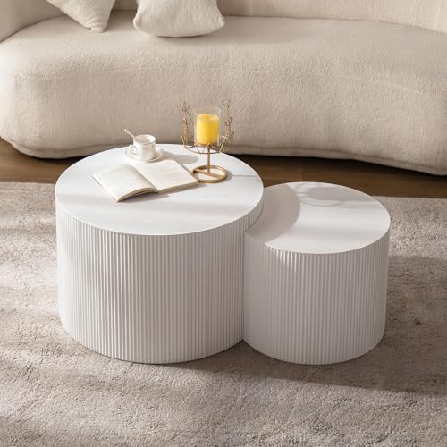 18 inch Round White Fluted Nesting Coffee Table Set of 2, B Small | Spray Painting Finish, For Living Room, Nested Crescent Side Table, Nestable Design, Mid-Century Modern, For Small Spaces - color: White a Small