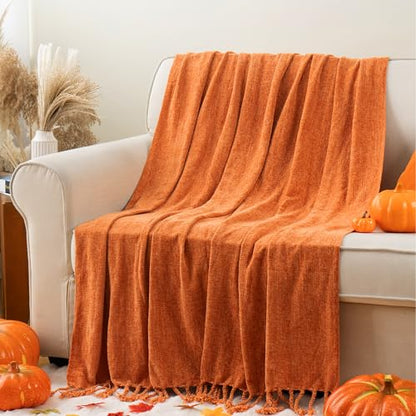 BATTILO HOME Burnt Orange Chenille Throw Blanket for Couch, Soft Cozy Knitted Fall Throw with Tassels, Lightweight Throw Blanket for Fall Decor Bed Sofa Living Room, 50"x60" | Soft Chenille Fall Blanket with Fringe Tassels, Lightweight Fall Decor and Fall