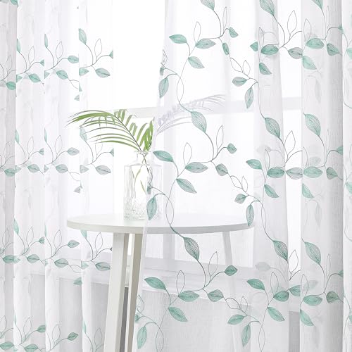 Tollpiz Teal Blue Leaf Sheer Tier Curtains Kitchen 30 x 24 Inches | Short Curtain Leaves Embroidered Rod Pocket Voile Bathroom Window Treatment for Cafe, Set of 2 Panels - color: Teal Blue, size: 30"W x 24"L (Pack of 2)