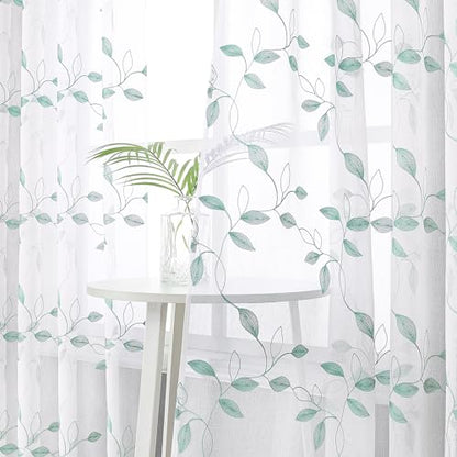 Tollpiz Teal Blue Leaf Sheer Tier Curtain Kitchen 30 x 36 Inches | Leaves Embroidered Curtains Rod Pocket Voile Bathroom Window Treatment for Cafe, Set of 2 Panels - color: Teal Blue, size: 30"W x 36"L (Pack of 2)