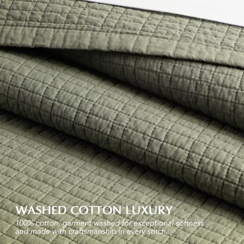 100% Cotton Modern Grid Stitch Quilt Set, Queen Size, Olive Green | Pre-Washed Cotton Coverlet Bedspread, Oversized Lightweight 3-Piece Bedding Set for All Season, with 2 Pillow Shams - color: Olive Green, size: Full/Queen (96" X 94")