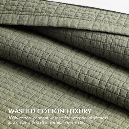 100% Cotton Modern Grid Stitch Quilt Set, Queen Size, Olive Green | Pre-Washed Cotton Coverlet Bedspread, Oversized Lightweight 3-Piece Bedding Set for All Season, with 2 Pillow Shams - color: Olive Green, size: Full/Queen (96" X 94")