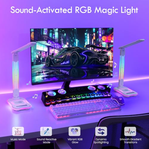 RGB Gaming Desk Lamp with Music Sync,Dimmable LED Lamp with Wireless Charging Station,USB Charging Port,Color Changing Touch Control Light for Gamer Room Decor,Reading,Office,Gift Ideas - color: White2(ABS)