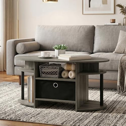 Oval Modern Coffee Table with Side Shelves and Storage Bin, Side Table with Shelf, Coffee Table, for Bedroom, Living Room, Home Office, French Oak - color: French Oak/Black/Black