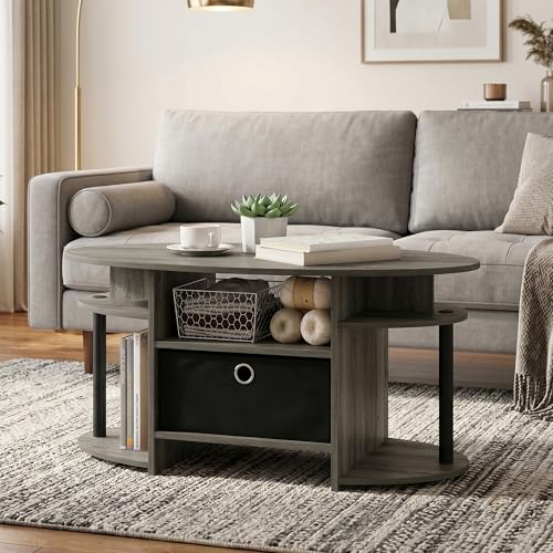 Oval Modern Coffee Table with Side Shelves and Storage Bin, Side Table with Shelf, Coffee Table, for Bedroom, Living Room, Home Office, French Oak - color: French Oak/Black/Black