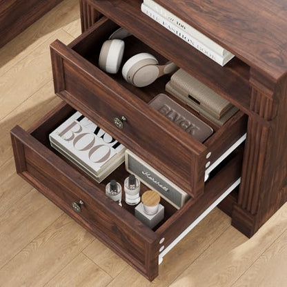 Walnut Nightstand with Charging Station, Farmhouse Bedside Table, End Table with 2 Drawers and Chic Wood Pilasters Design, Wood Side Table with Metal Handles for Bedroom, Living Room - color: Walnut, size: 15.7"D x 22"W x 23.6"H (2 Drawers)