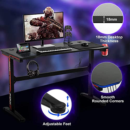 Dkelincs 47 Inch Gaming Desk T-Shaped Computer Desk PC Computer Table Home Office Desk Ergonomic Gamer Workstation with Headphone Hook and Cup Holder, Red - color: Red, size: 47.2 Inch