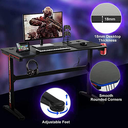 Dkelincs 47 Inch Gaming Desk T-Shaped Computer Desk PC Computer Table Home Office Desk Ergonomic Gamer Workstation with Headphone Hook and Cup Holder, Red - color: Red, size: 47.2 Inch