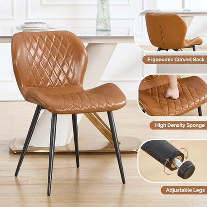 Dining Chairs Set of 3, Comfy Modern Dining Chairs with Thick Cushions, Upholstered Faux Leather Kitchen Side Chairs with Adjustable Metal Legs for Dining Room (Caramel) - color: Caramel, size: Set of 3
