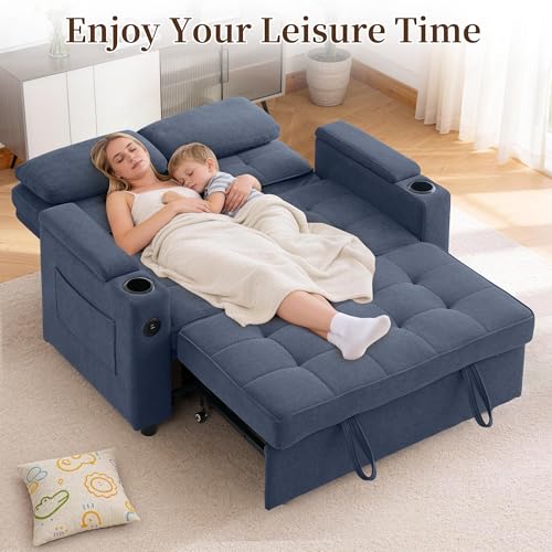 Korser 55.5'' 3-in-1 Convertible Sofa Bed, Pull Out Couch with 5-Position Adjustable Backrest, Loveseat Sleeper Sofa for Small Spaces, Sofa Couch with Cup Holders for Living Room, Office, Chenille - color: Dark Blue