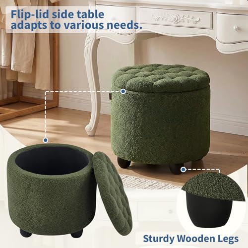 Modern Round Storage Ottoman, Upholstered Button Tufted Ottoman Footstool Ottomans with Removable Lid Storage Footstool for Living Room, Bedroom, Makeup Room, Teddy, Green - color: Green