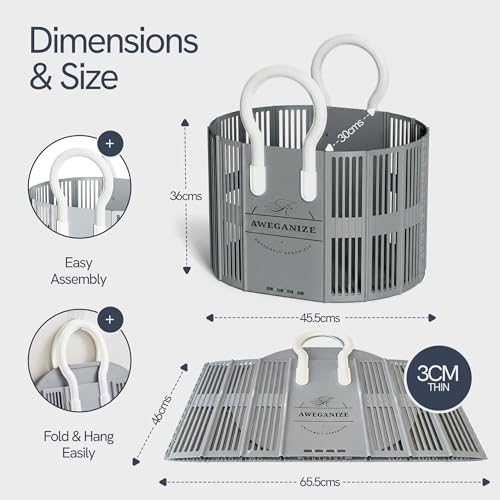 Collapsible Laundry Basket with Handles, 40L Foldable Clothes Hamper Folds 3cm Flat, Space Saving for Apartment, Dorm, RV, Small Spaces, Portable Grocery Tote - color: Grey
